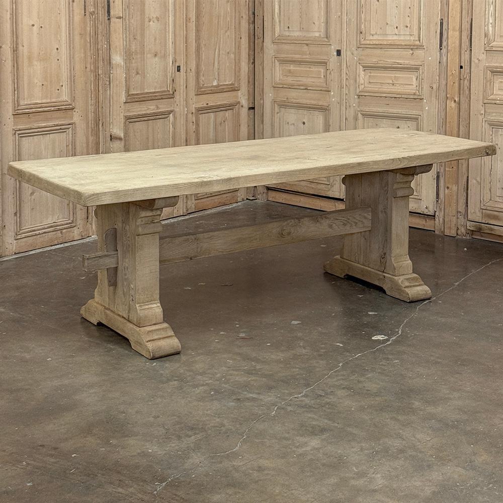 Belgian Rustic European Stripped Oak Trestle Dining Table For Sale