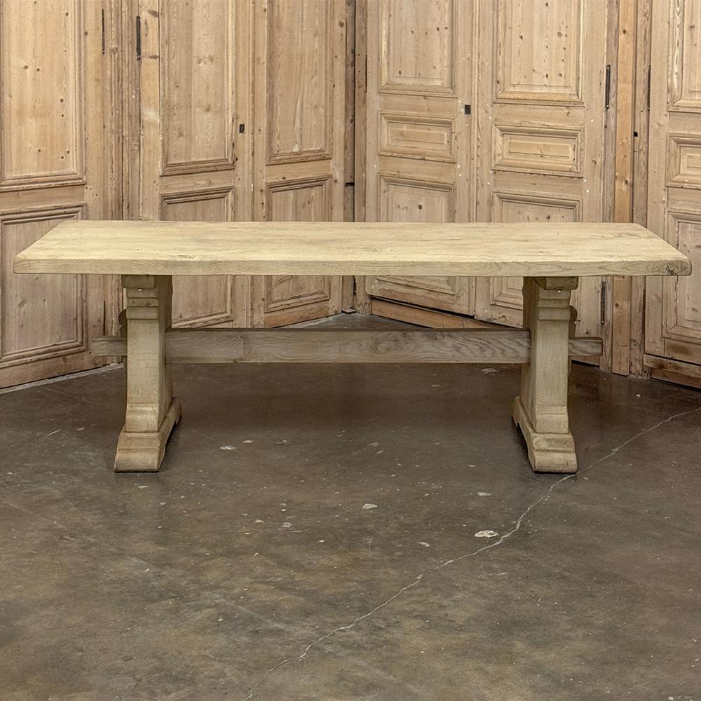 Hand-Crafted Rustic European Stripped Oak Trestle Dining Table For Sale
