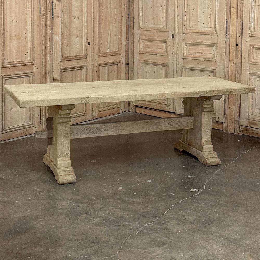 Rustic European Stripped Oak Trestle Dining Table In Good Condition For Sale In Dallas, TX