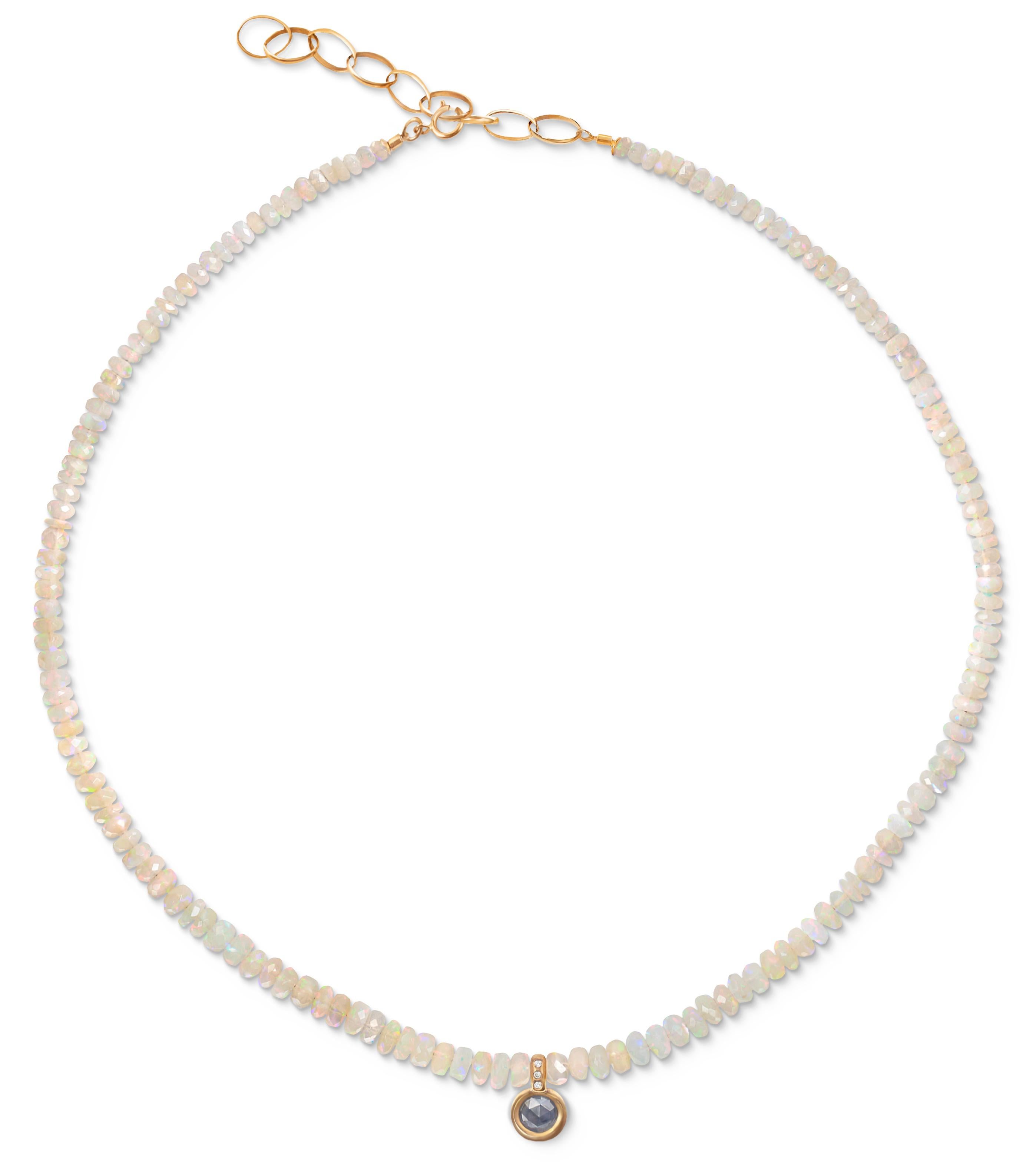 Women's or Men's Rustic Faceted Opal Beaded Necklace with Grey Diamond and 18k Gold Pendant