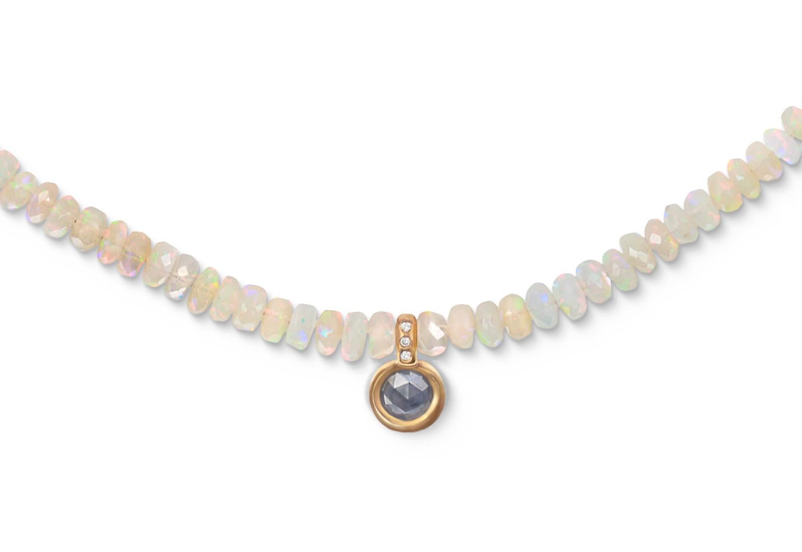 Rustic Faceted Opal Beaded Necklace with Grey Diamond and 18k Gold Pendant 1