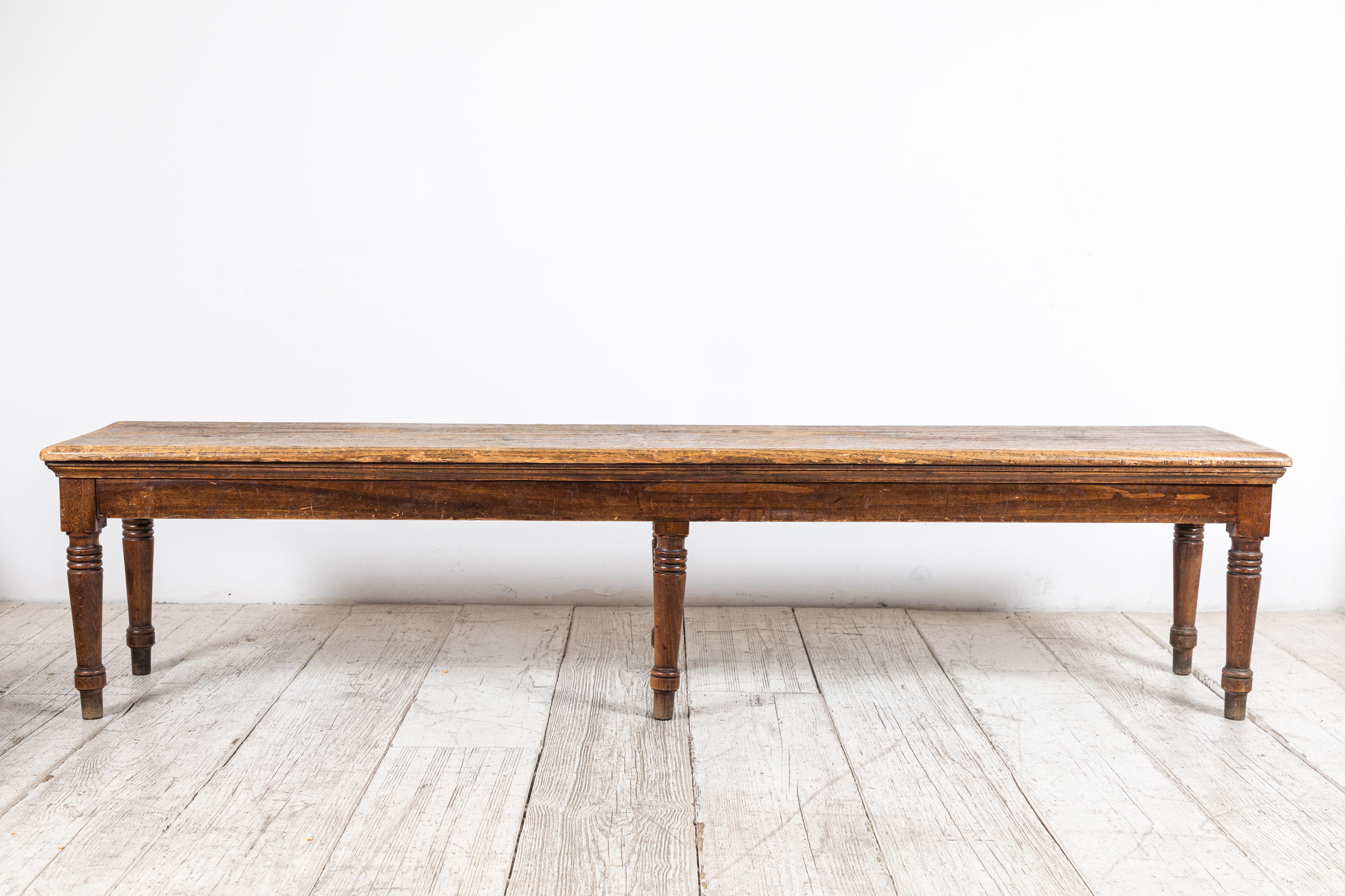 French Rustic Farm Bench with Six Turned Legs