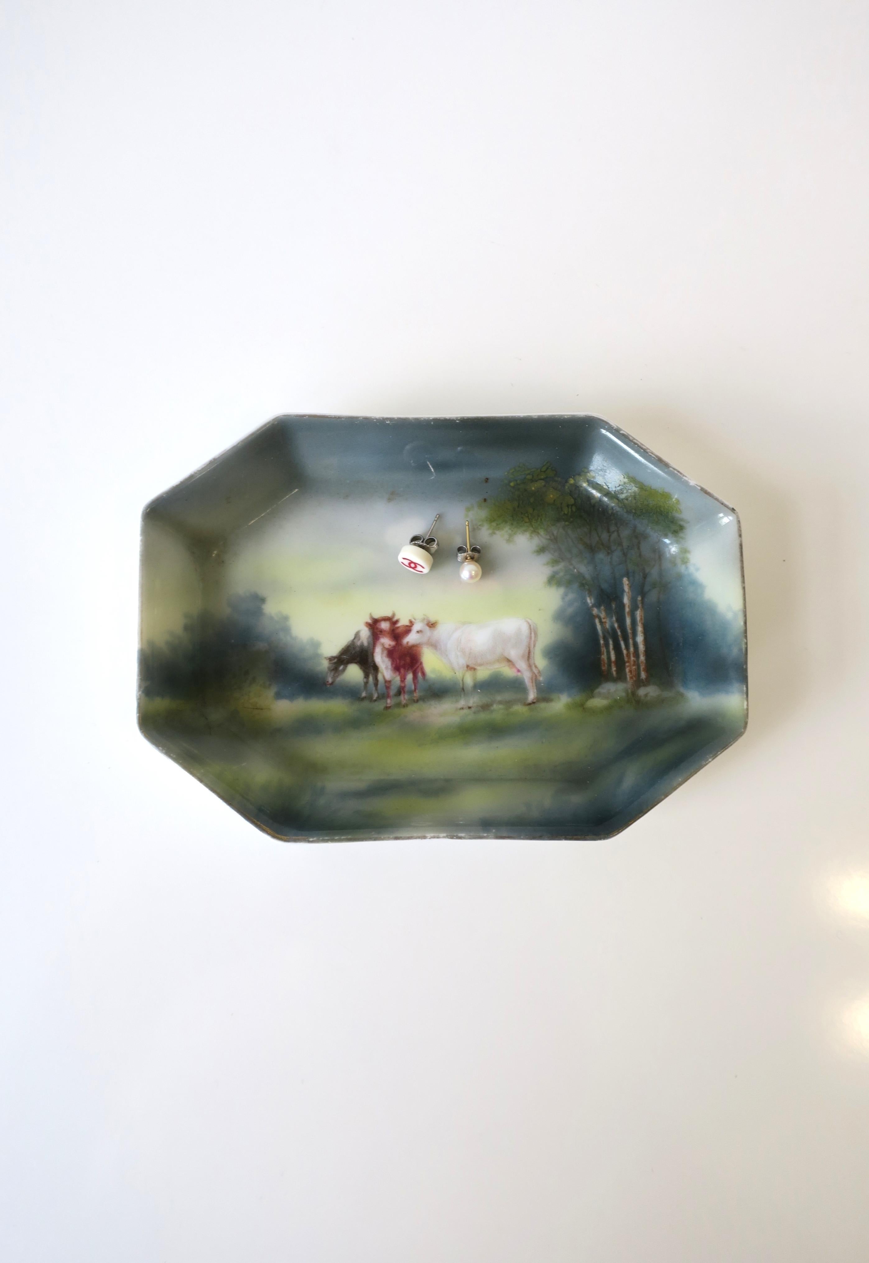 Glazed Porcelain Jewelry Dish Rustic Farm Scene Bovine Cows, Early-20th Century For Sale