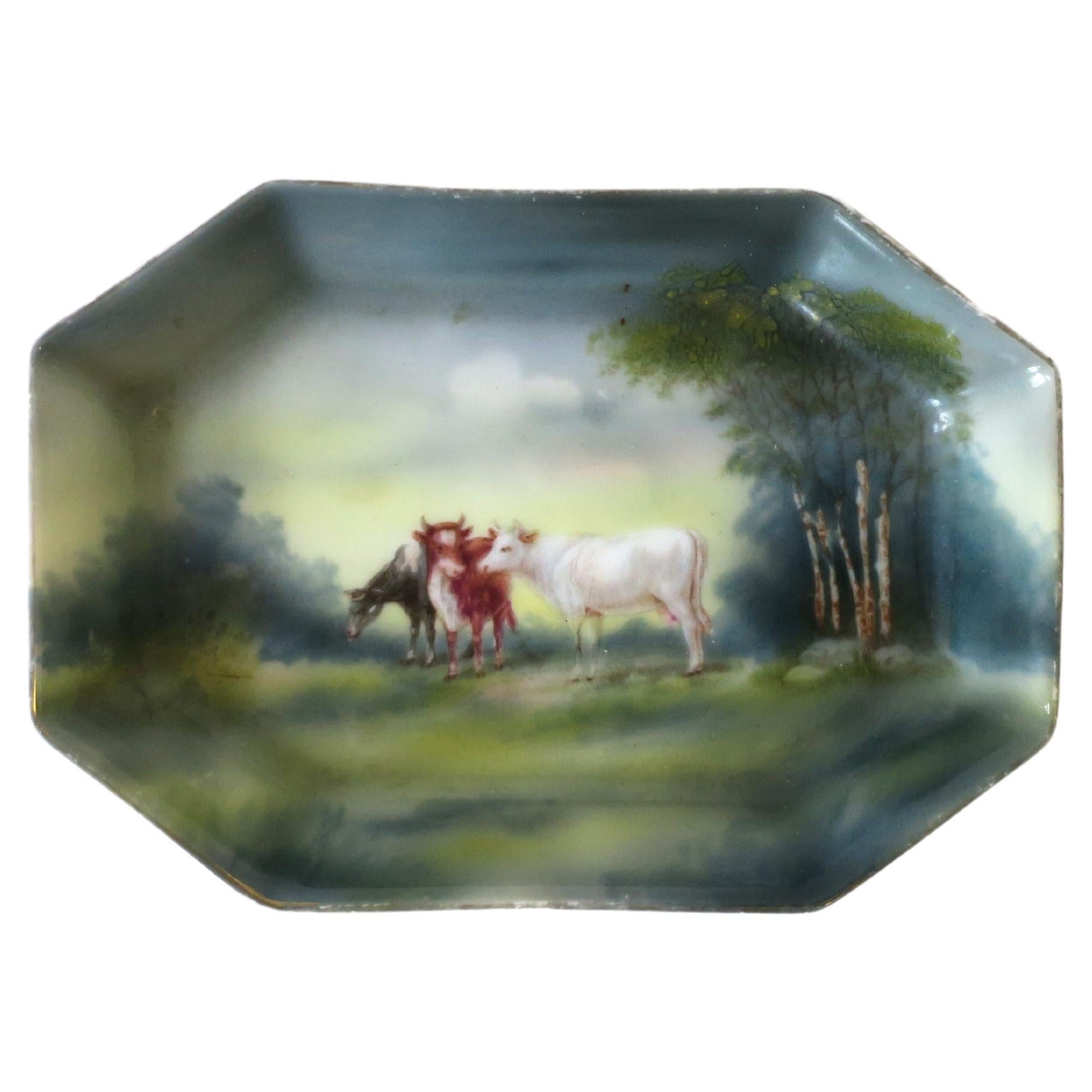 Rustic Country Farm Scene Bovine Cows Porcelain Jewelry Dish, Early-20th Century