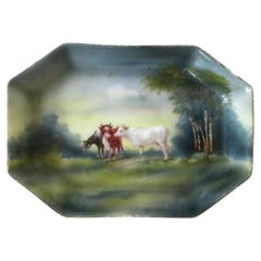 Rustic Farm Scene Bovine Cows Porcelain Jewelry Dish, Early-20th Century