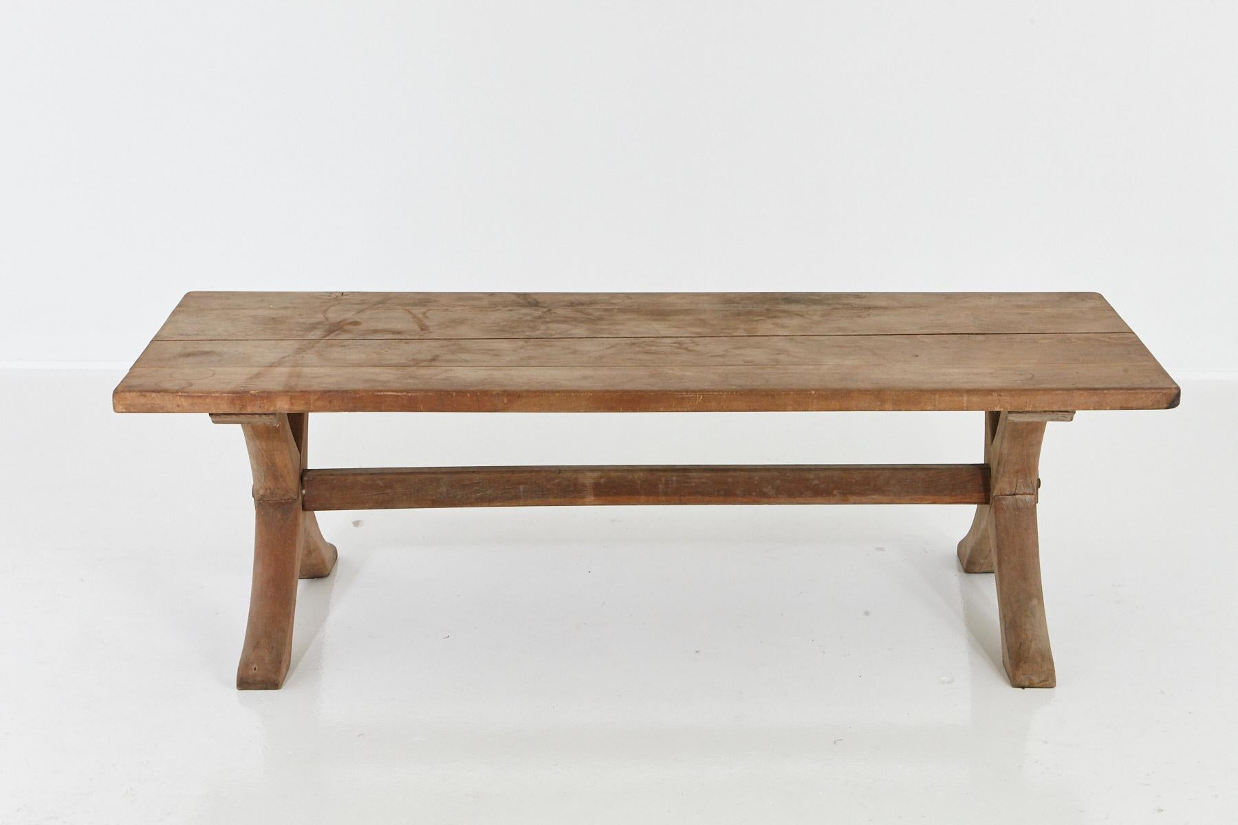 Country Rustic Farm Style Rectangular Oak Cocktail Table with X Shape Legs, 1950s