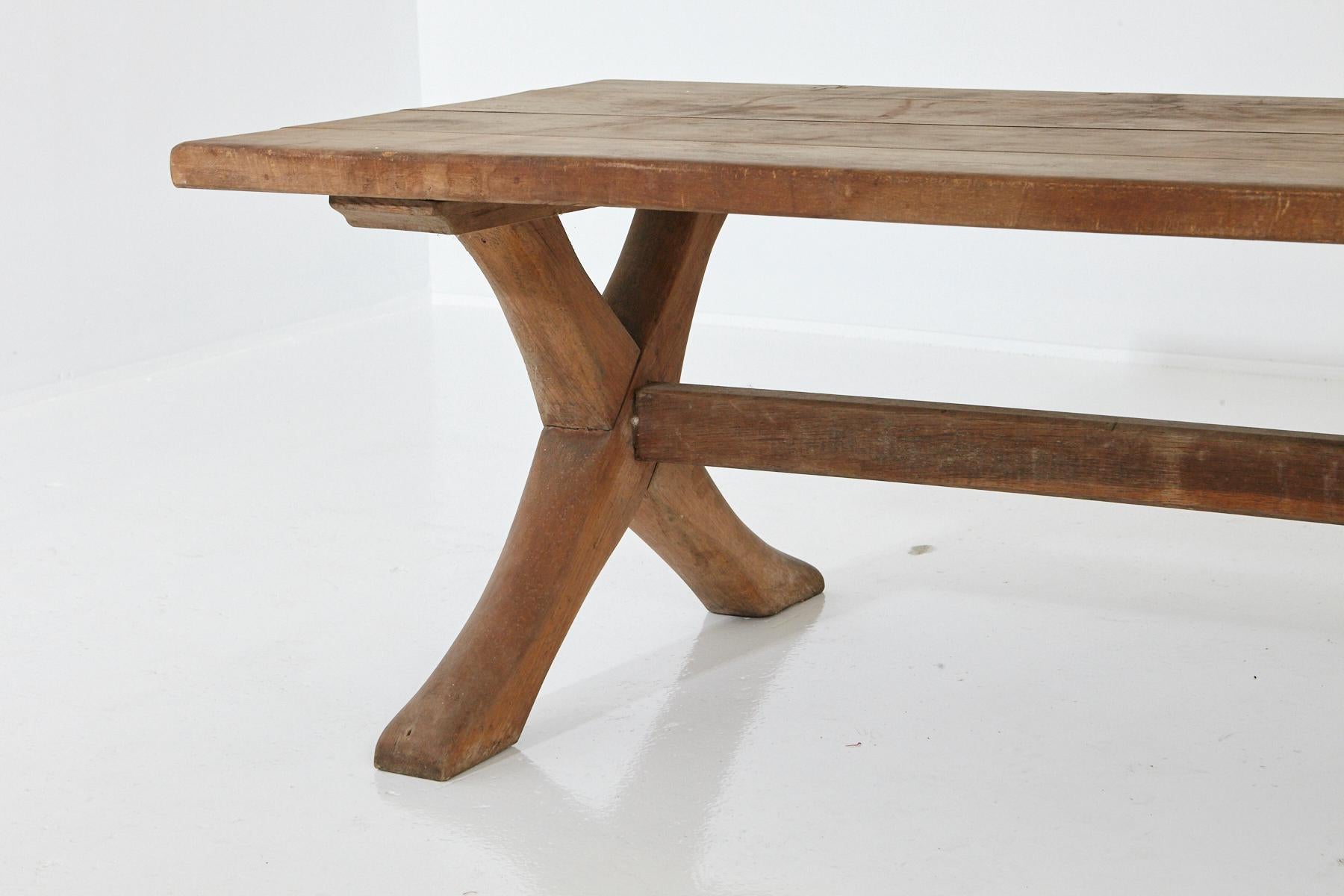 American Rustic Farm Style Rectangular Oak Cocktail Table with X Shape Legs, 1950s