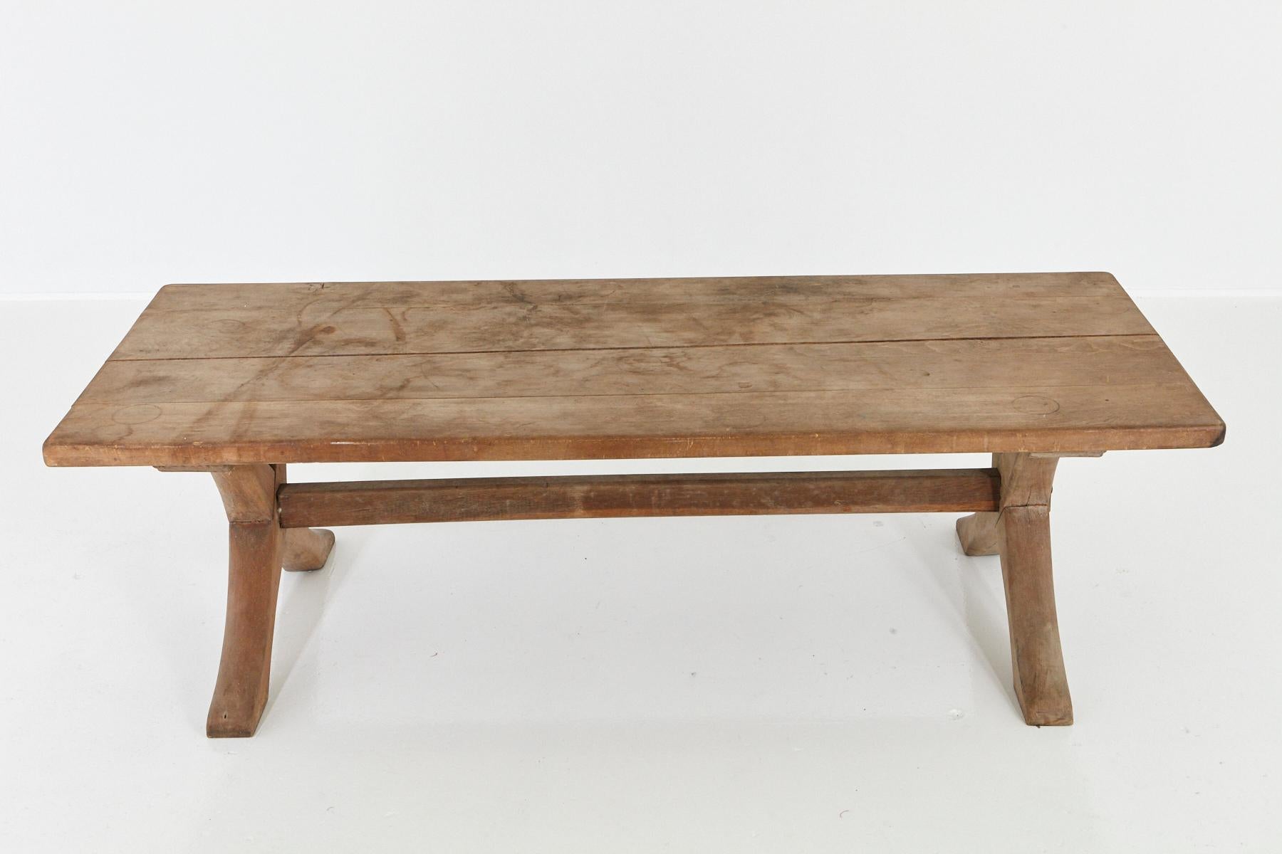 20th Century Rustic Farm Style Rectangular Oak Cocktail Table with X Shape Legs, 1950s