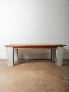 Rustic Farmhouse Dining Table with Natural Wood Slice Inlays and Painted Base