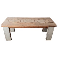 Rustic Farmhouse Dining Table with Natural Wood Slice Inlays and Painted Base