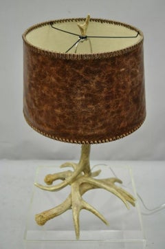 Rustic Farmhouse Faux Mule Deer Antler Horn Table Lamp with Brown Leather Shade