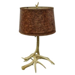 Rustic Farmhouse Faux Mule Deer Antler Horn Table Lamp with Brown Leather Shade