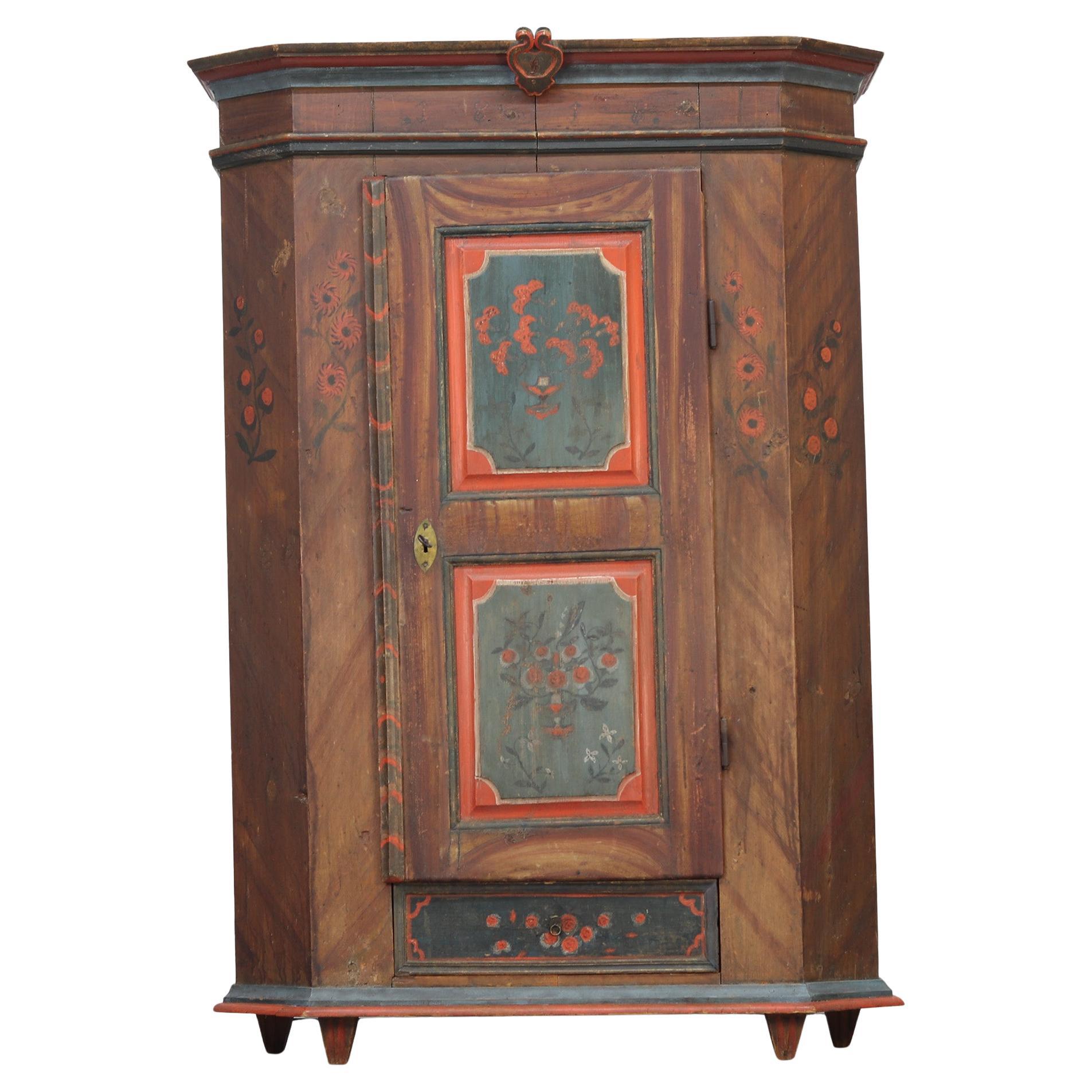 Rustic Farmhouse Folk Art Floral Painted Bridal Cabinet dated 1818 For Sale