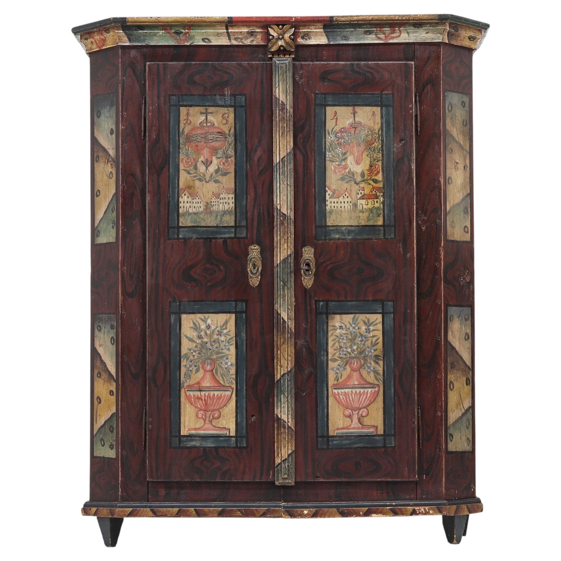 Rustic Farmhouse Folk Art Painted Bridal Cabinet 1844