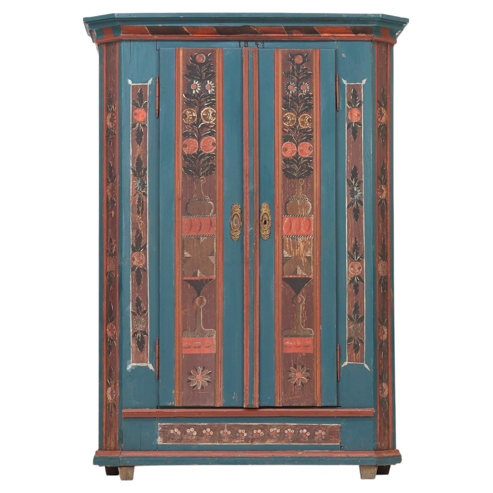 Rustic Farmhouse Folk Art Painted Bridal Cabinet from 1841
