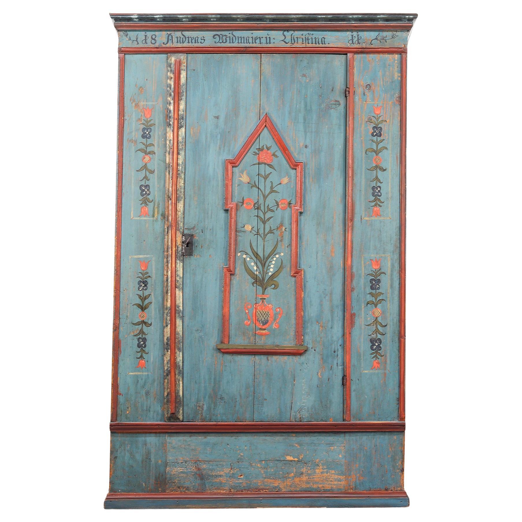 Rustic Farmhouse Folk Art Painted Bridal Cabinet in blue, dated 1811
