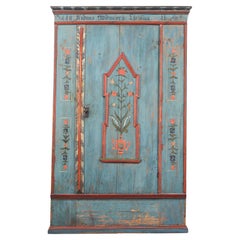 Rustic Farmhouse Folk Art Painted Bridal Cabinet in blue, dated 1811