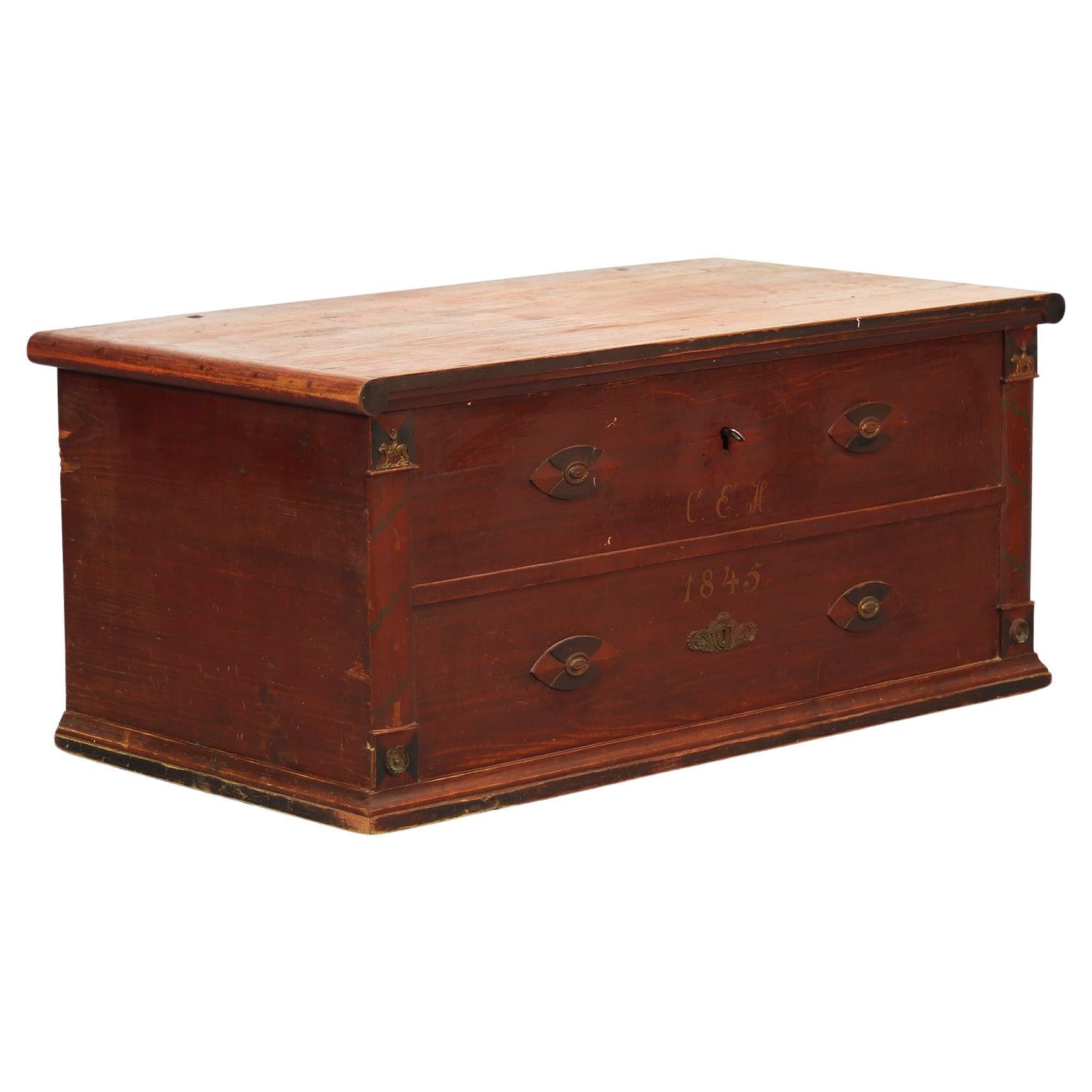 Rustic Farmhouse Folk Art Painted Swedish Blanket Chest dating 1845