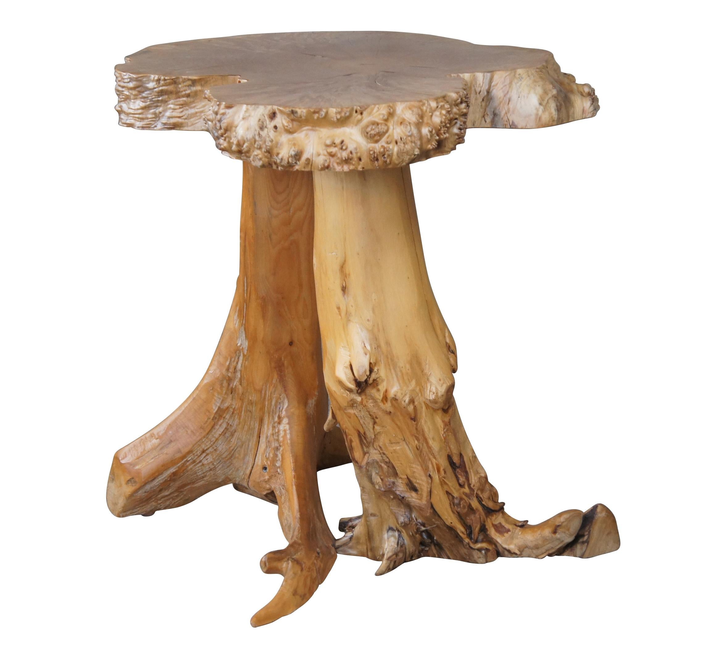 An impressive farmhouse or lodge side table. Features a Maple Burl live edge slab top over branched base. Great for use next to your favorite lounge chair as a cocktail or martini end table.

