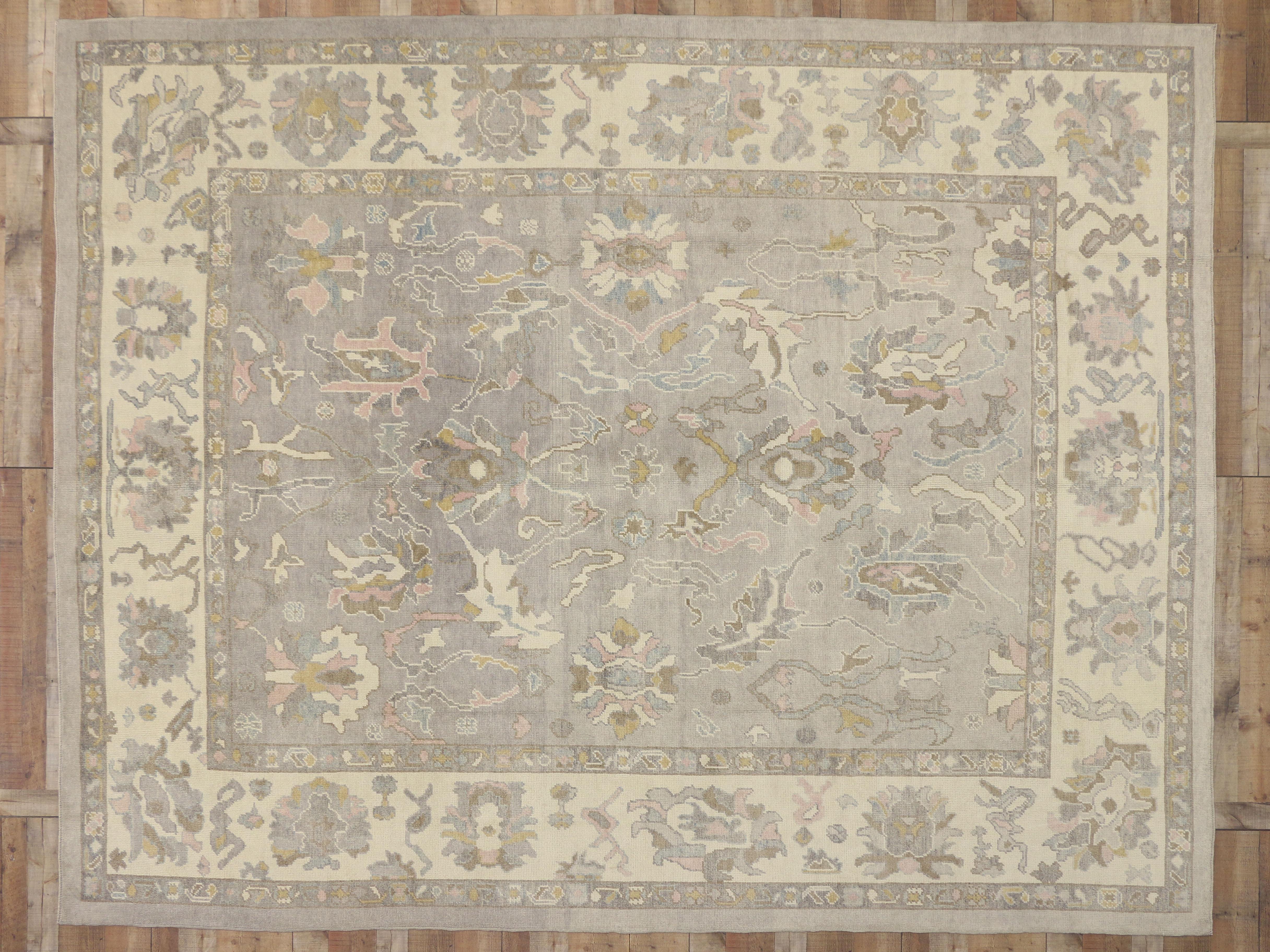 Hand-Knotted Rustic Farmhouse New Turkish Oushak Area Rug with Light, Neutral Colors