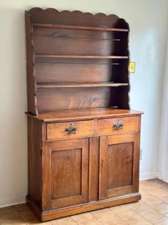 Rustic Farmhouse Pine Hutch Cabinet with Scalloped Shelf Top