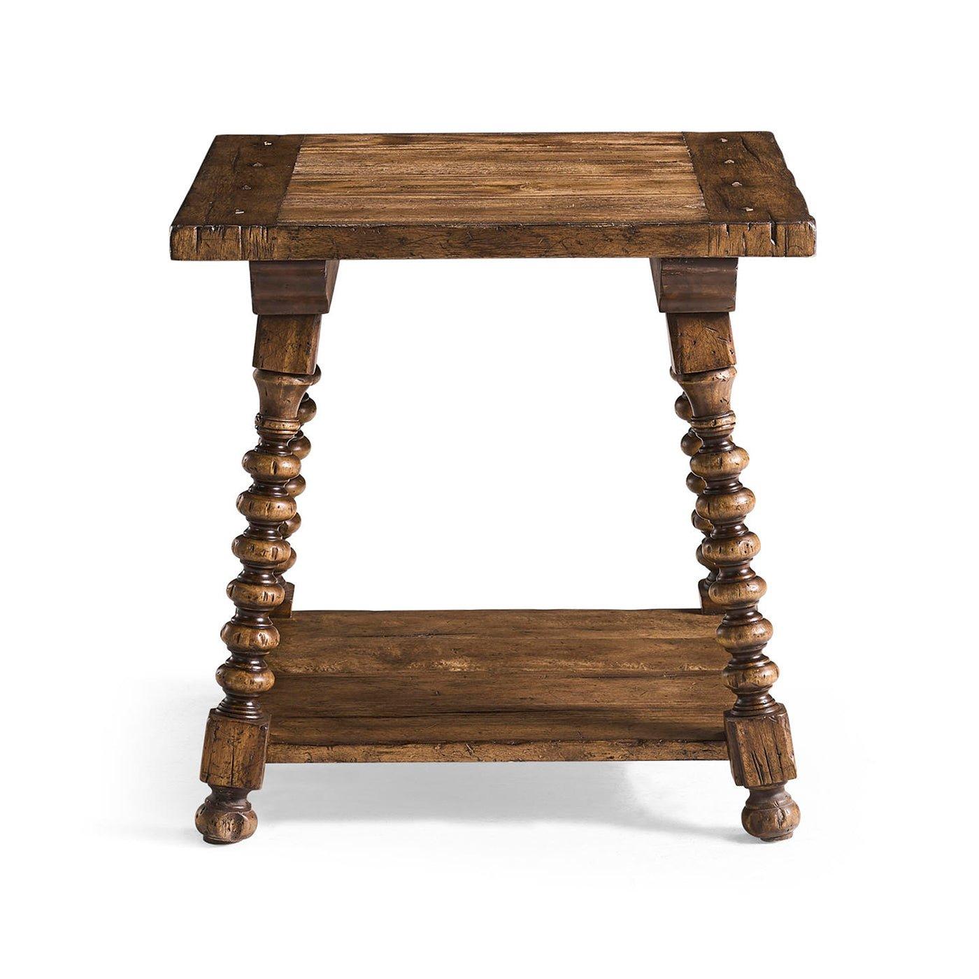 The table combines classic craftsmanship with practical design for your home. Its warm medium walnut finish highlights the natural wood grain and gently worn edges, giving it a vintage look. Antique-style nailhead trim and a wire-brushed surface add