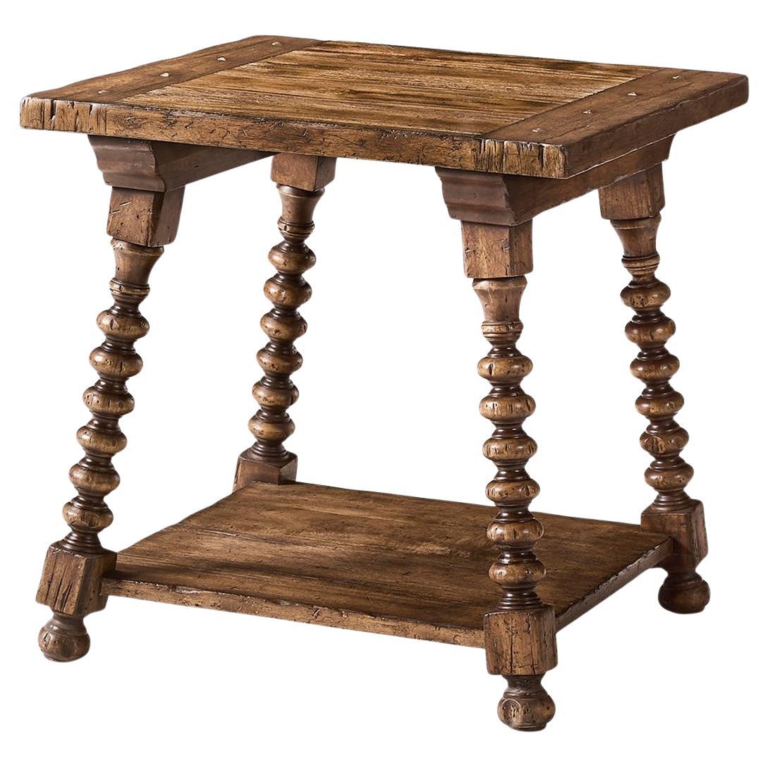 Rustic Farmhouse Spool-Leg Side Table For Sale