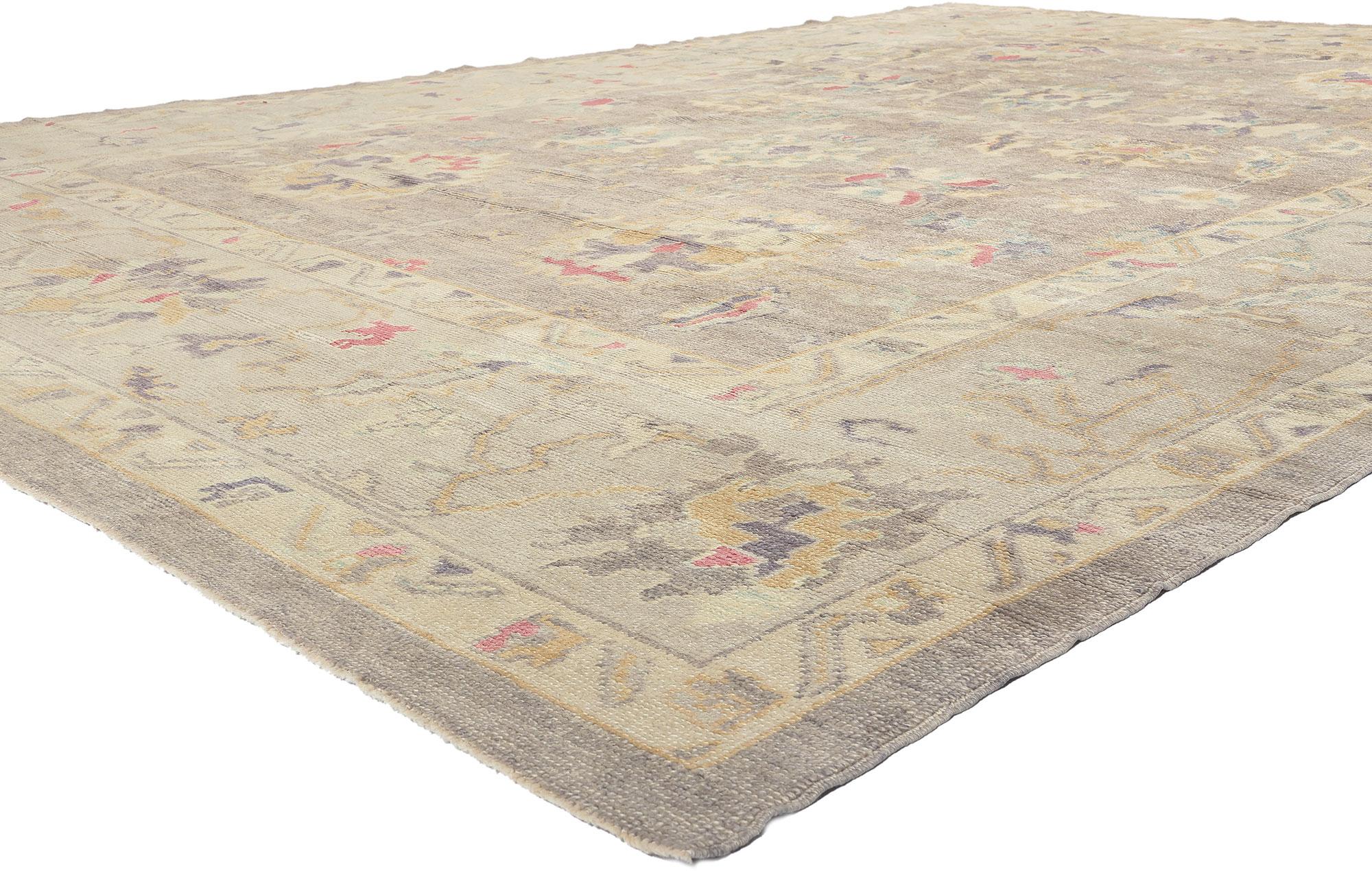 52370 Modern Oushak Turkish Rug, 10'02 x 14'01. Embark on an enchanting odyssey of contemporary elegance where each step upon this magical carpet ride is a voyage into a world awash with soft earth-tone colors—an ode to timeless sophistication.