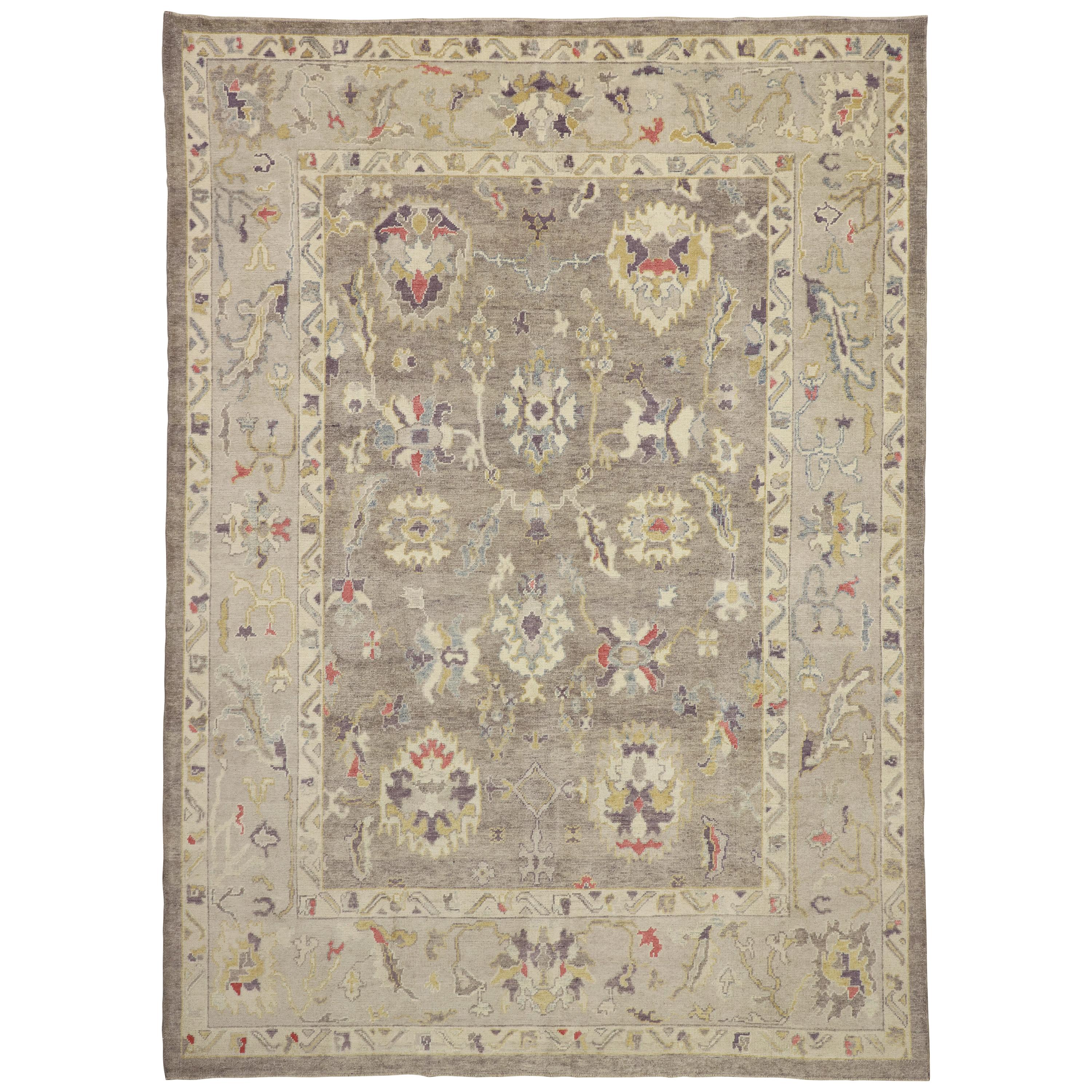 Rustic Farmhouse Style Turkish Oushak Area Rug with Large Geometric