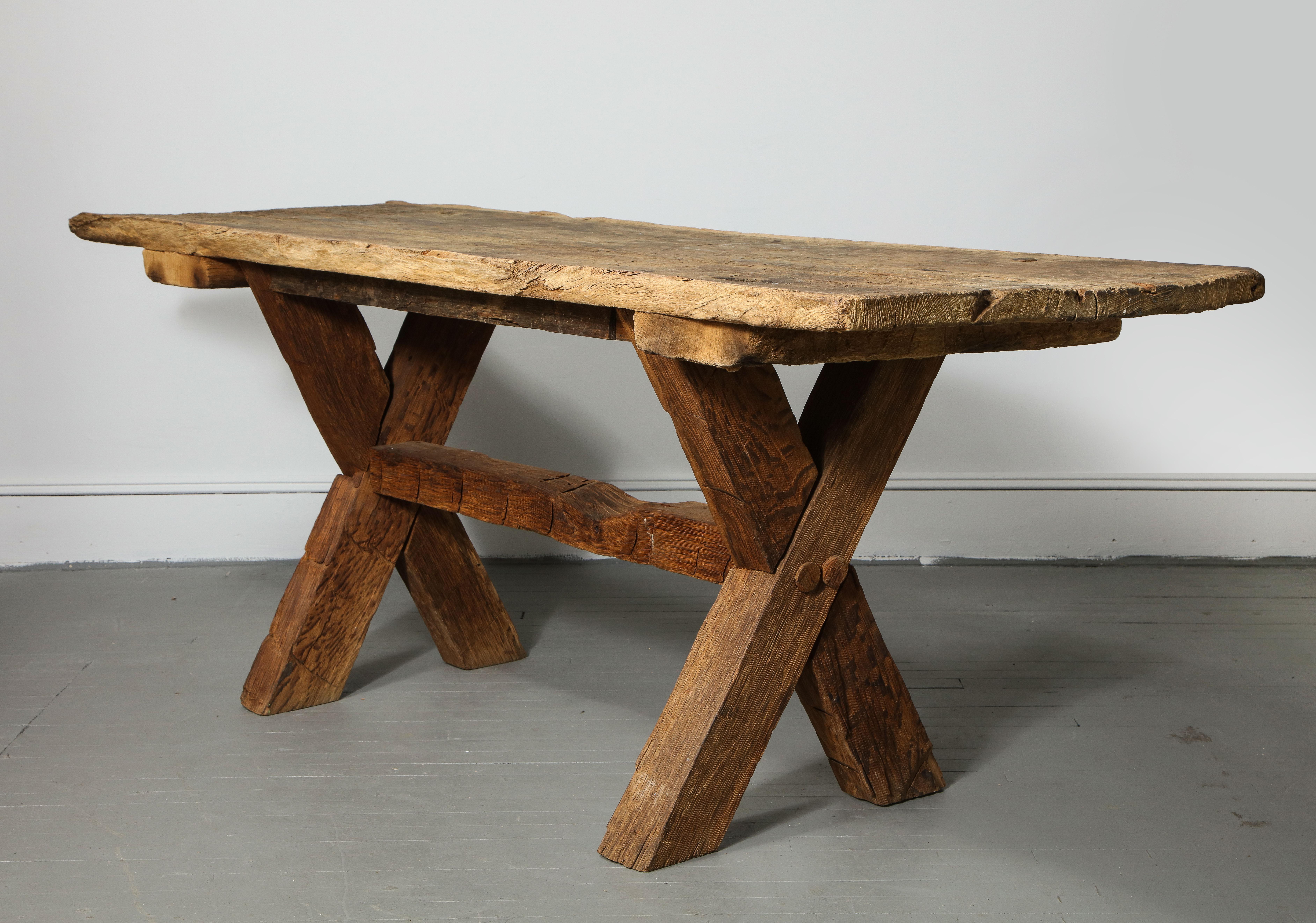 Rustic Farmhouse Table with Trestle Base, France, Early 20th Century 5