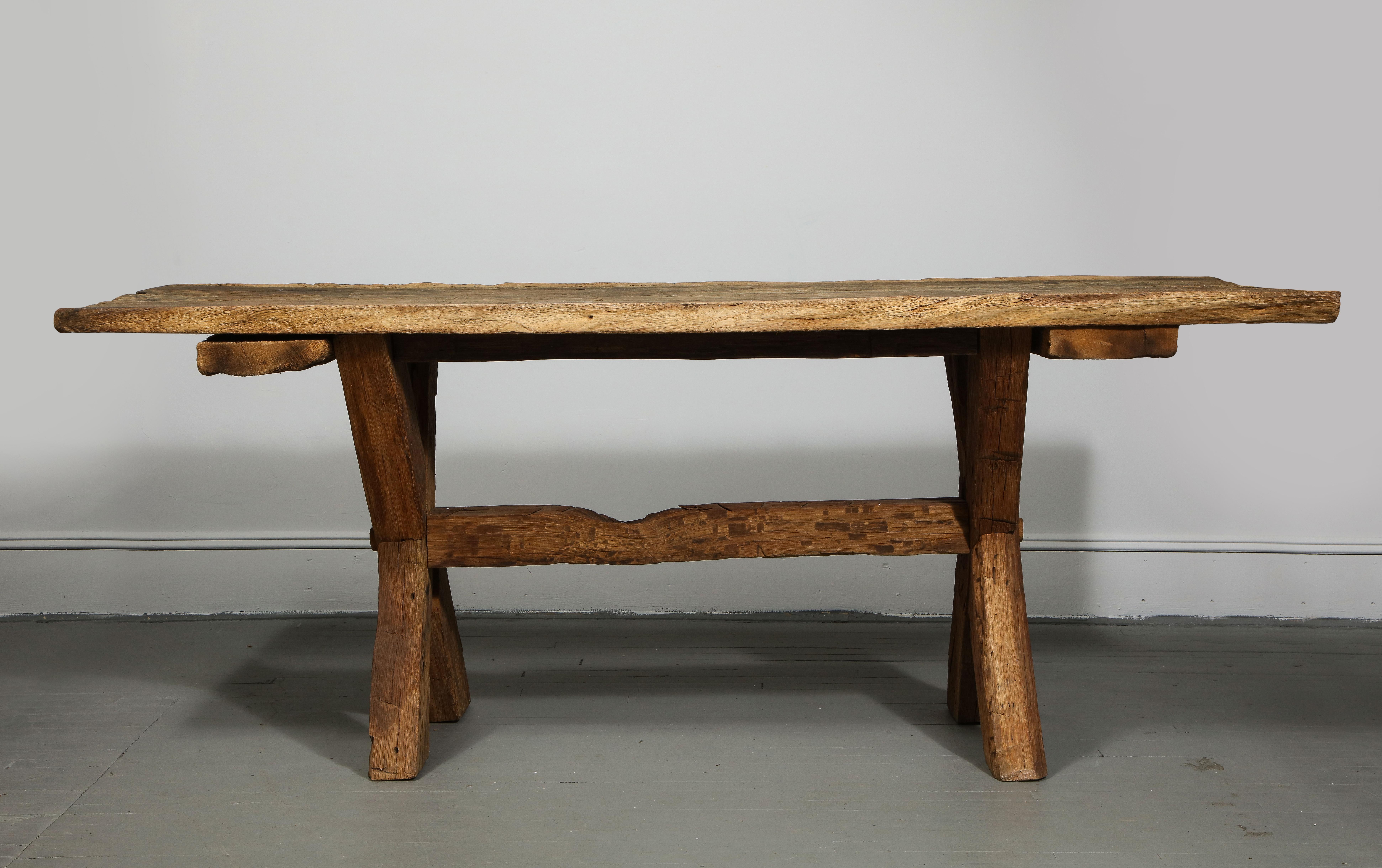 French Rustic Farmhouse Table with Trestle Base, France, Early 20th Century