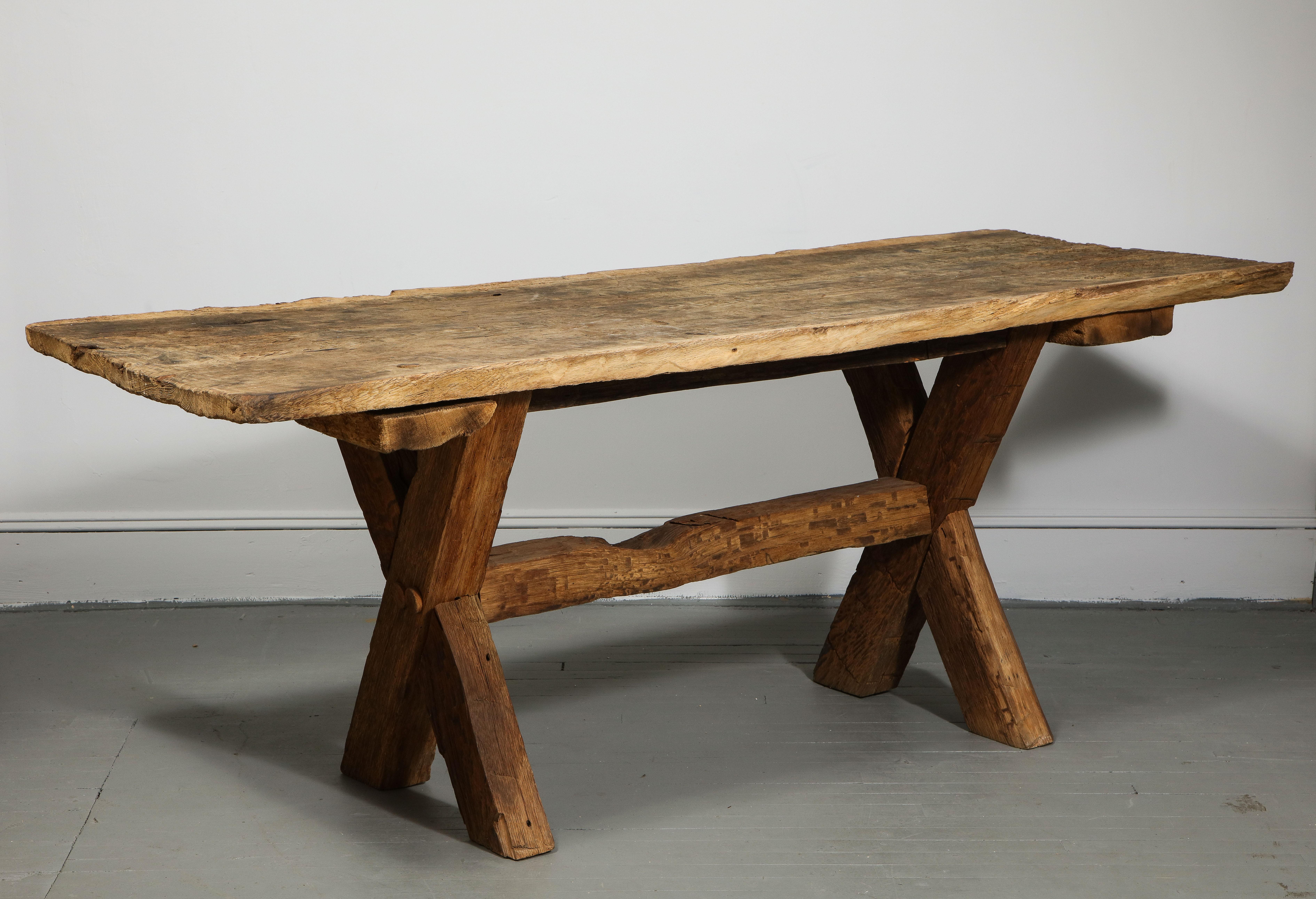 Rustic Farmhouse Table with Trestle Base, France, Early 20th Century In Fair Condition In New York City, NY