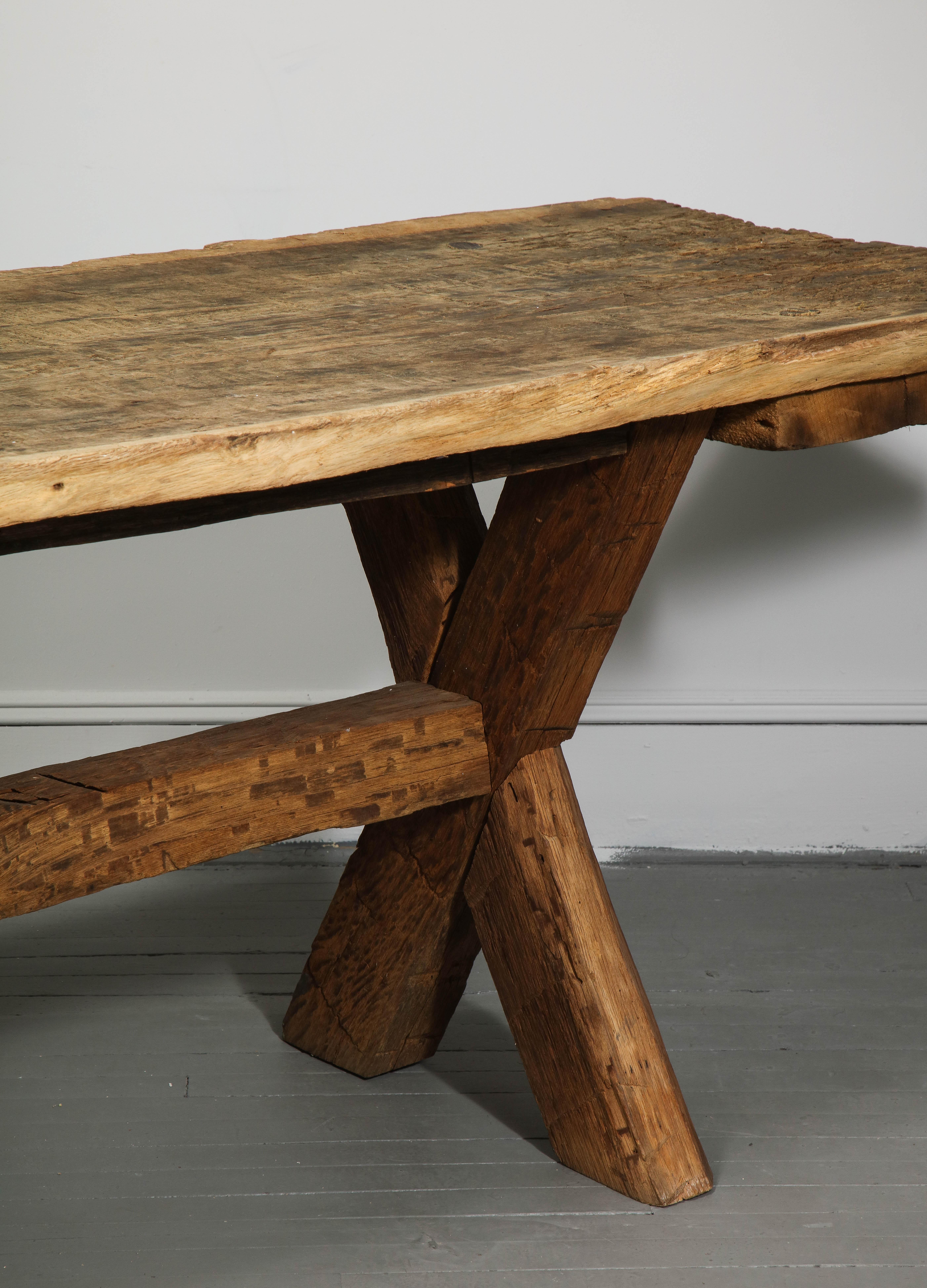 Wood Rustic Farmhouse Table with Trestle Base, France, Early 20th Century