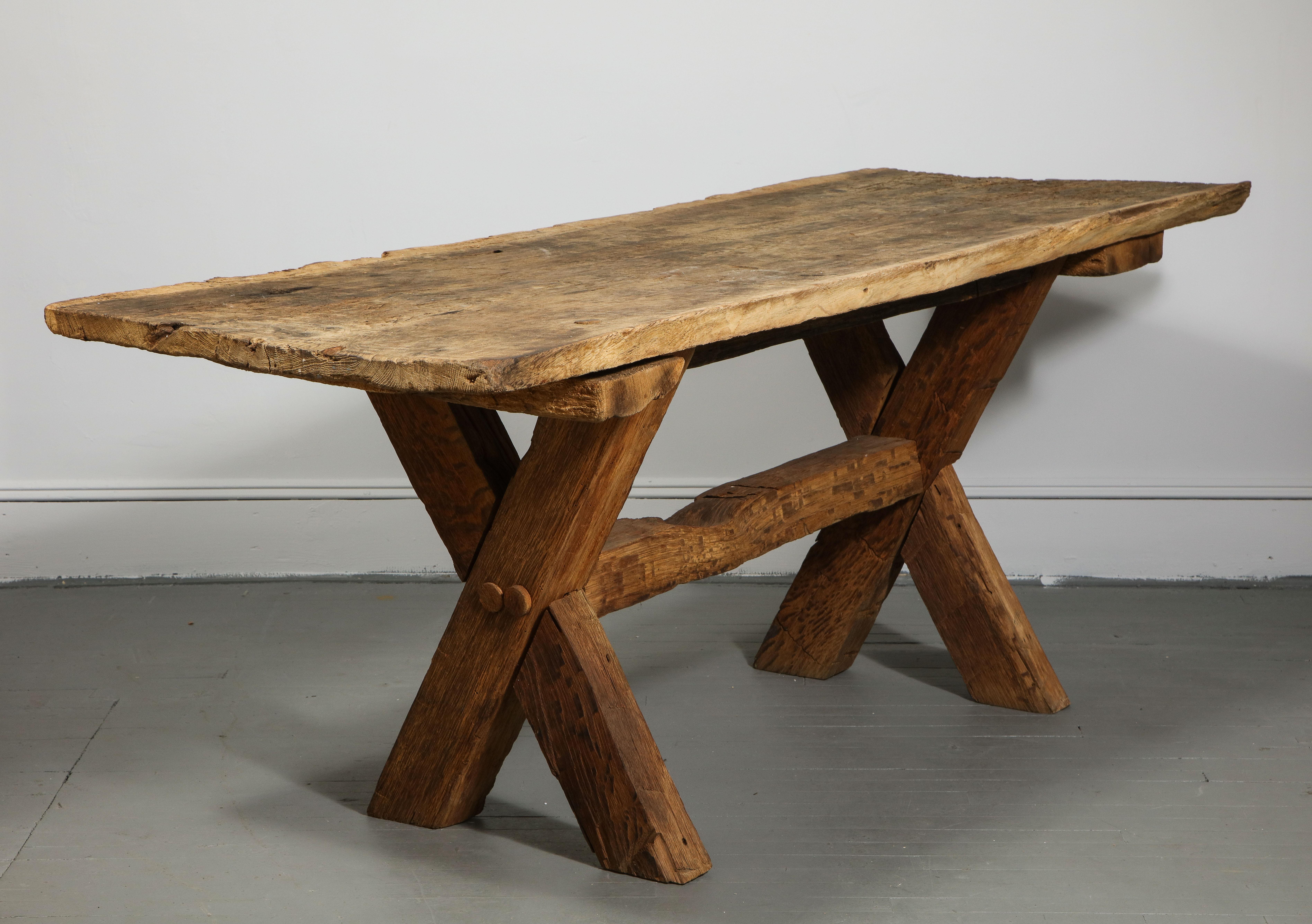 Rustic Farmhouse Table with Trestle Base, France, Early 20th Century 1