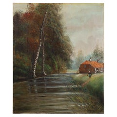 Cuadro Granja rústica de E. Depriens en óleo sobre lienzo, Bélgica ca. 1930