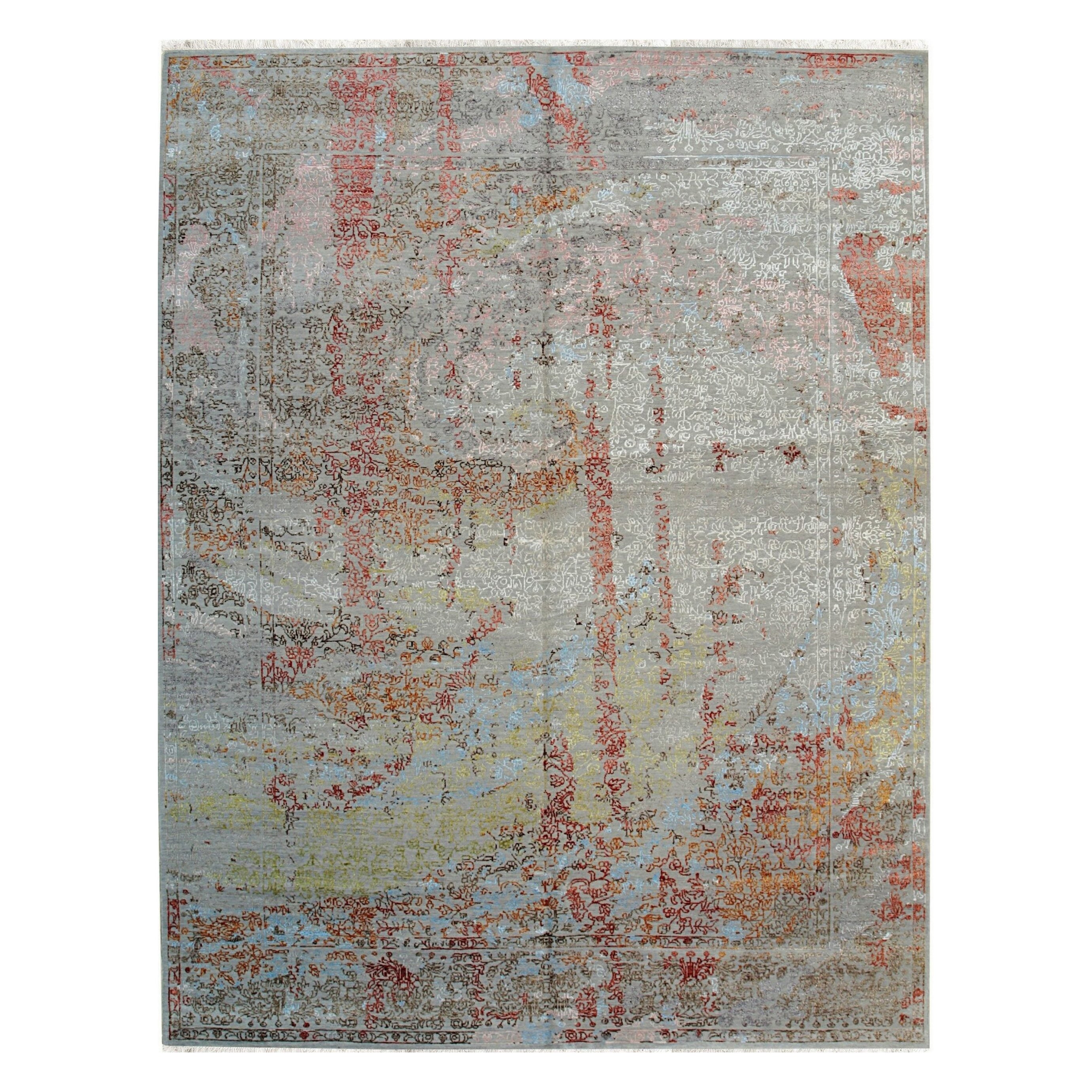Rustic Fiona Gray Hand-Knotted Wool Rug Carpet, Abstract Allover Design Indian im Angebot