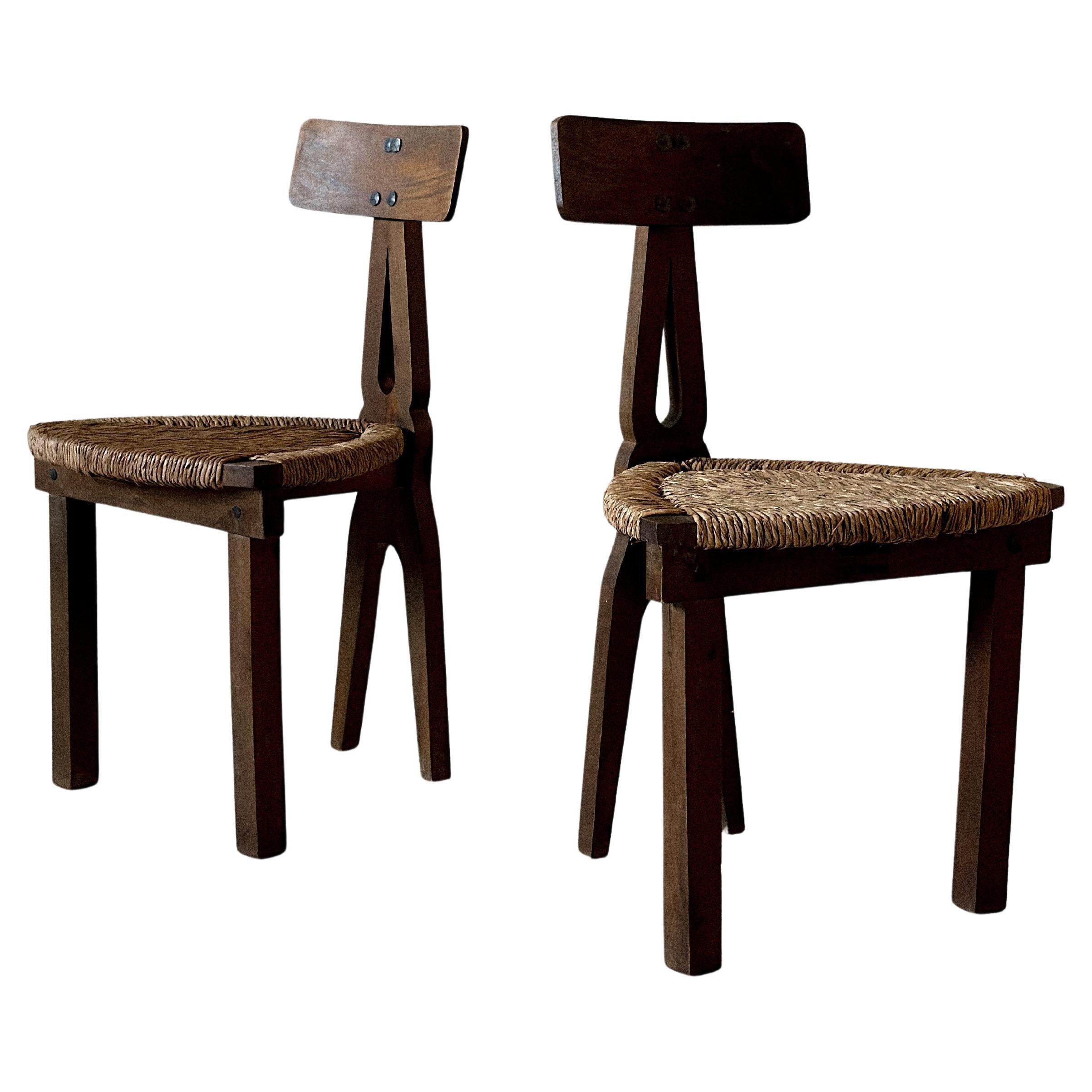 Rustic Fireside Chairs with Sculpted Backrests and Rush Seats, Spain 1960s