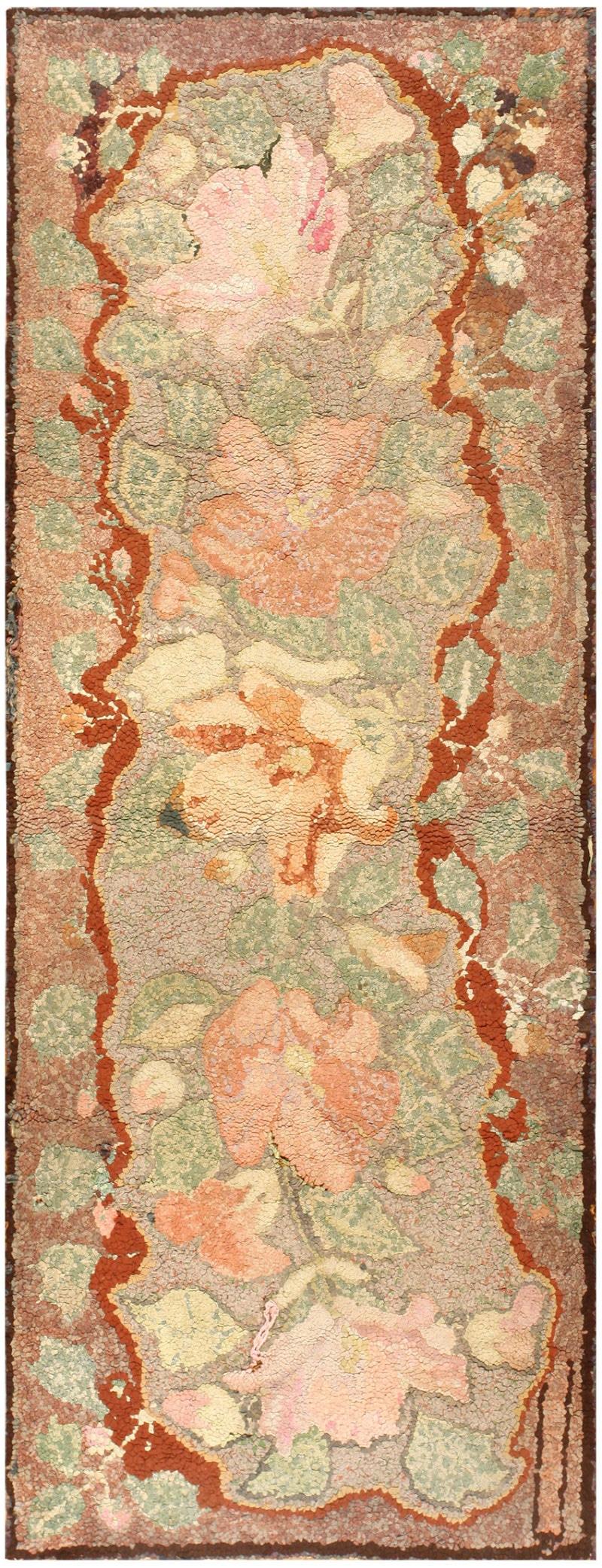 Hand-Knotted Rustic Floral Antique American Short Runner Hooked Rug 3'2