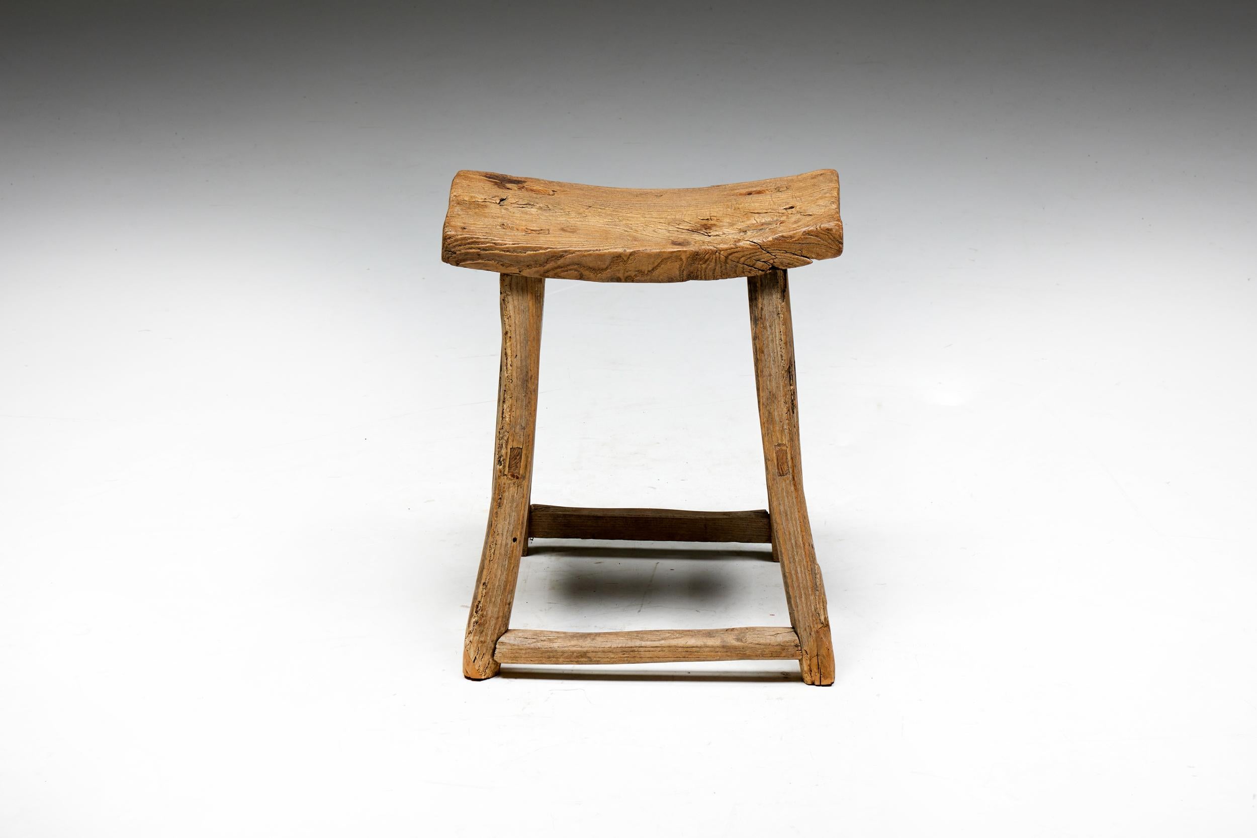 Wood Rustic Folk Art Stool, France, Early 20th Century For Sale
