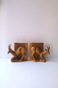 Rustic Forest Giselle Stag Buck Animal Wood Bookends from Sweden, Pair