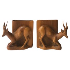 Rustic Forest Giselle Stag Buck Animal Wood Bookends from Sweden, Pair