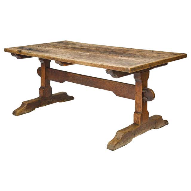 Vintage Rustic European Stripped Oak Trestle Dining Table For Sale at ...
