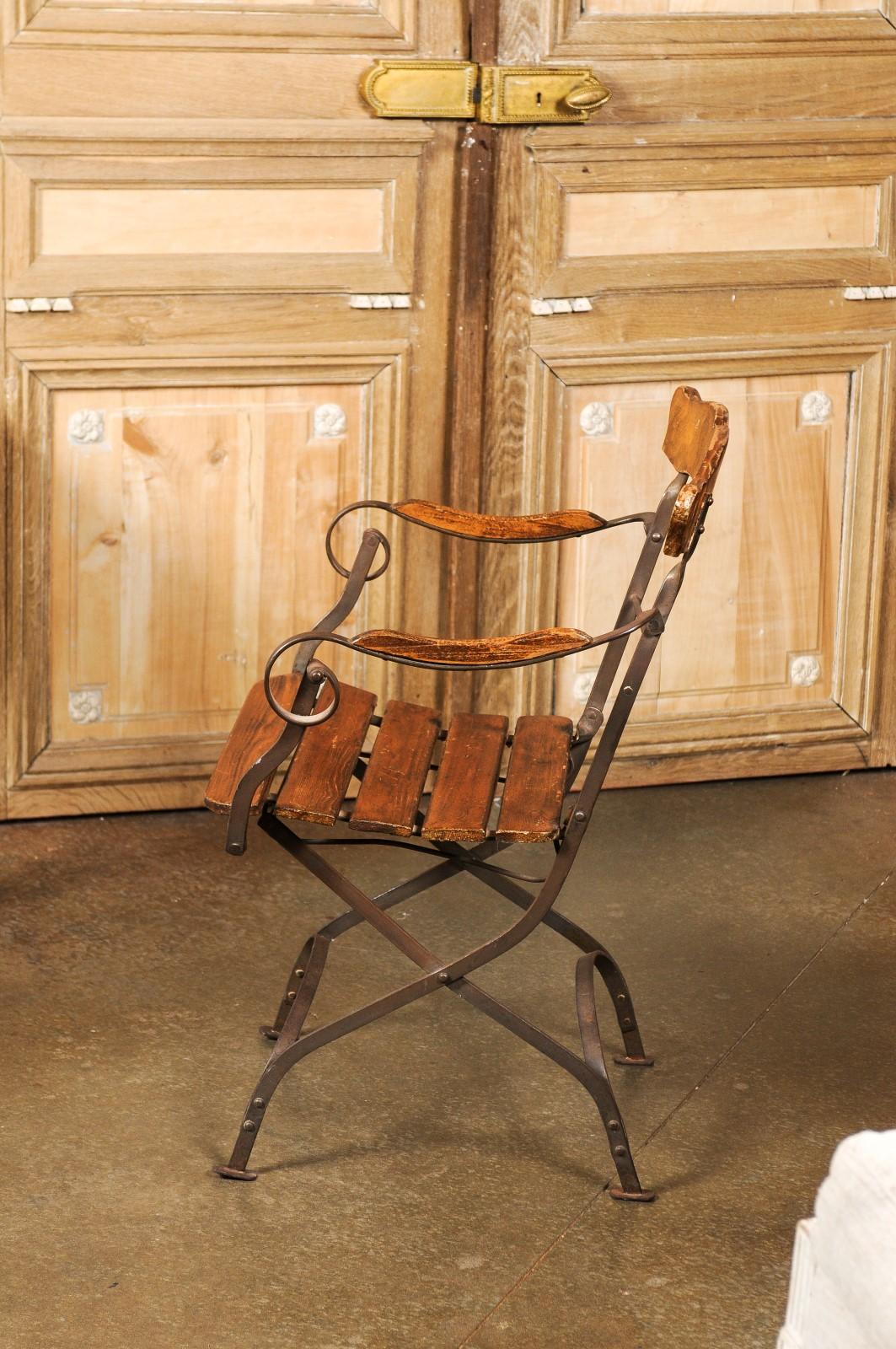 Rustic French 1870s Wood and Iron Garden Folding Chair with Scrolling Arms 6