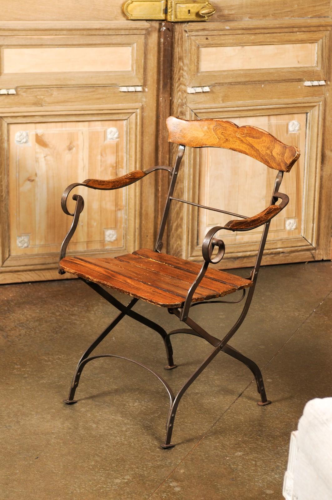 Rustic French 1870s Wood and Iron Garden Folding Chair with Scrolling Arms 7