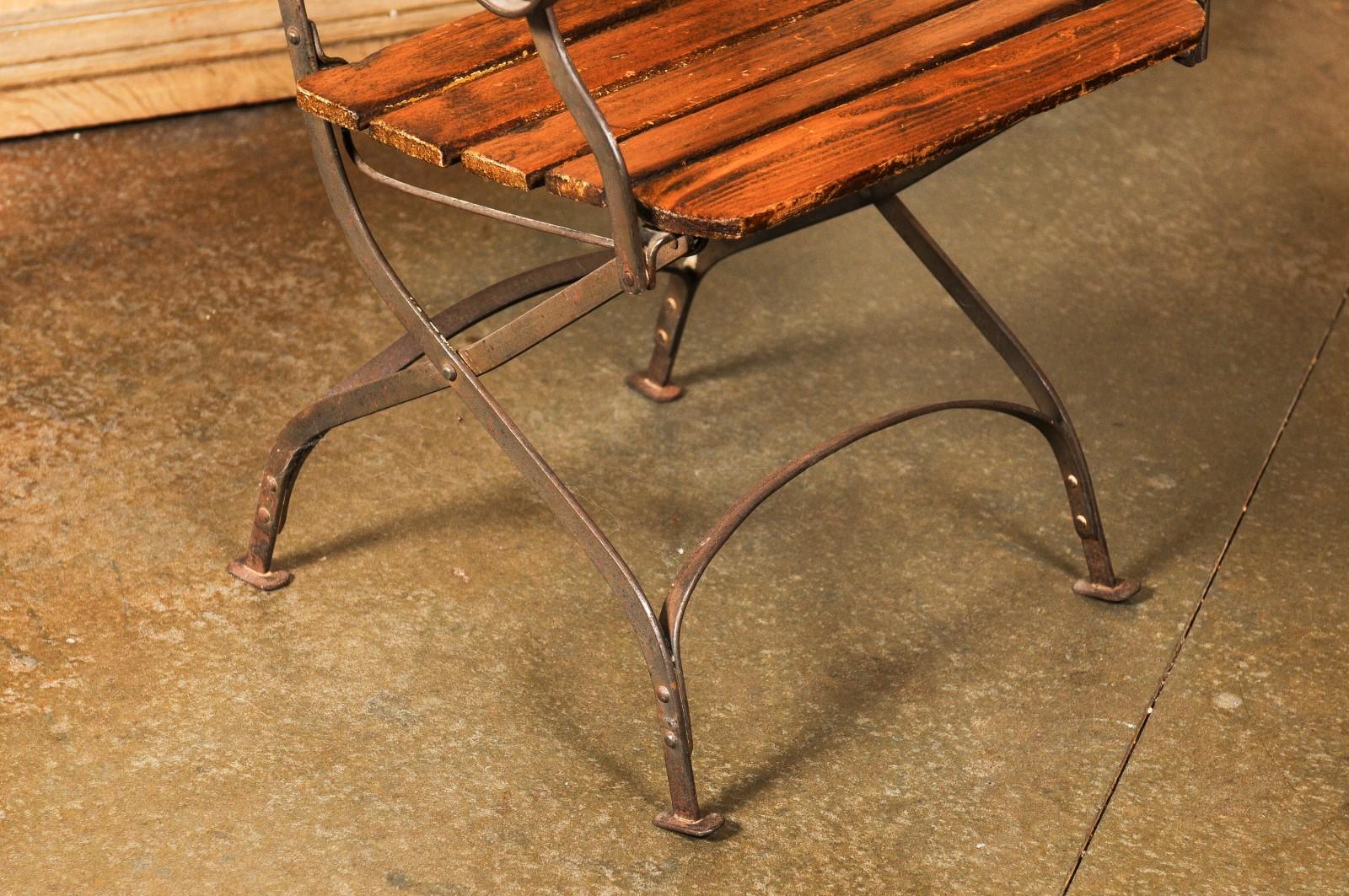 Rustic French 1870s Wood and Iron Garden Folding Chair with Scrolling Arms 1