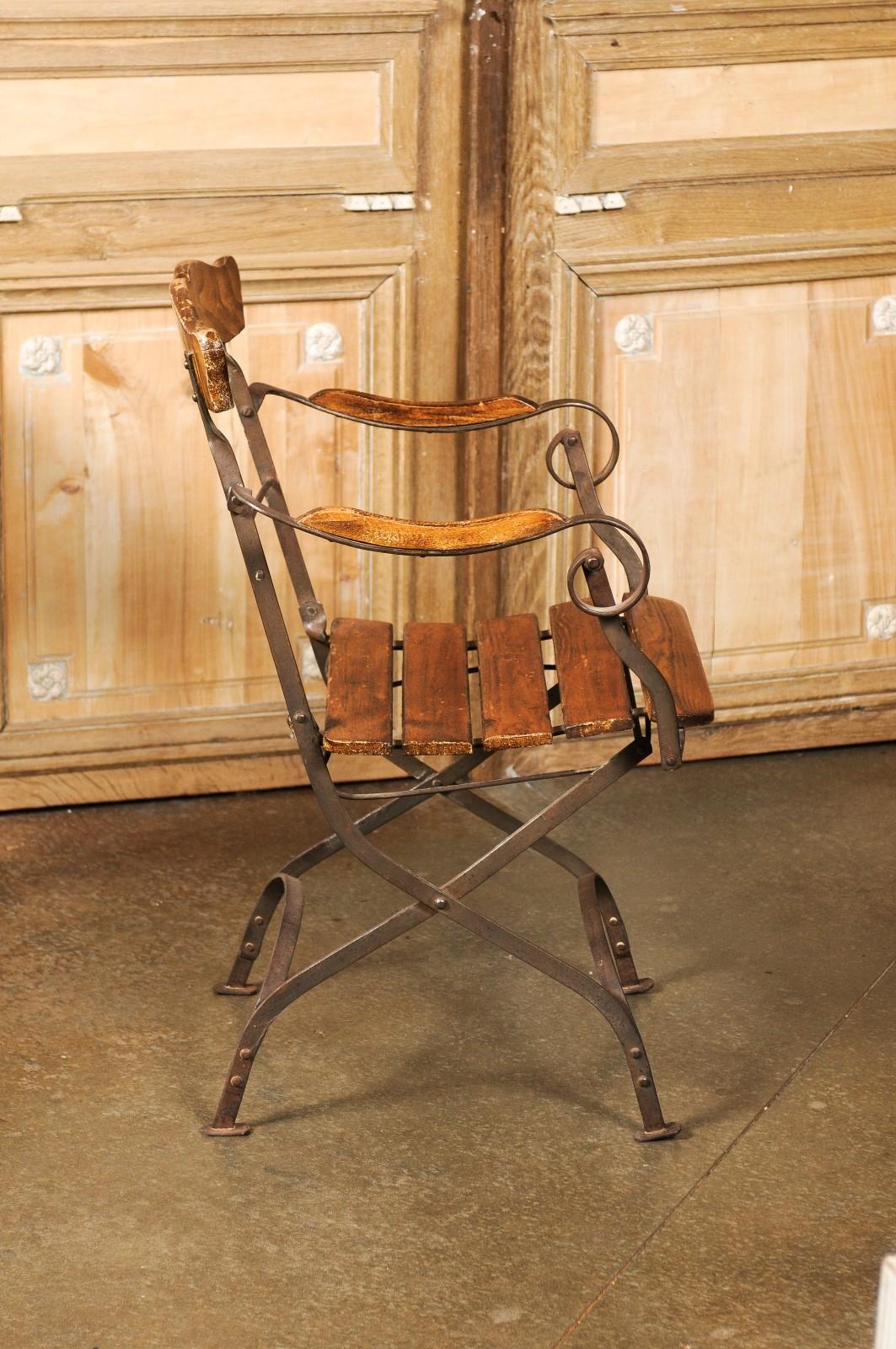 Rustic French 1870s Wood and Iron Garden Folding Chair with Scrolling Arms 2