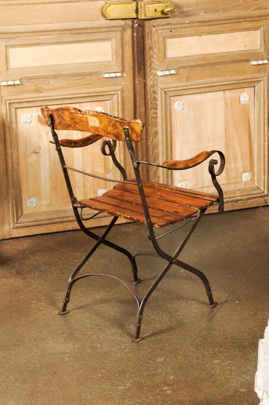 Rustic French 1870s Wood and Iron Garden Folding Chair with Scrolling Arms 3