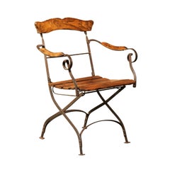 Antique Rustic French 1870s Wood and Iron Garden Folding Chair with Scrolling Arms