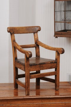 Rustic French 1880s Miniature Oak Chair with Scrolling Arms and Side Stretchers