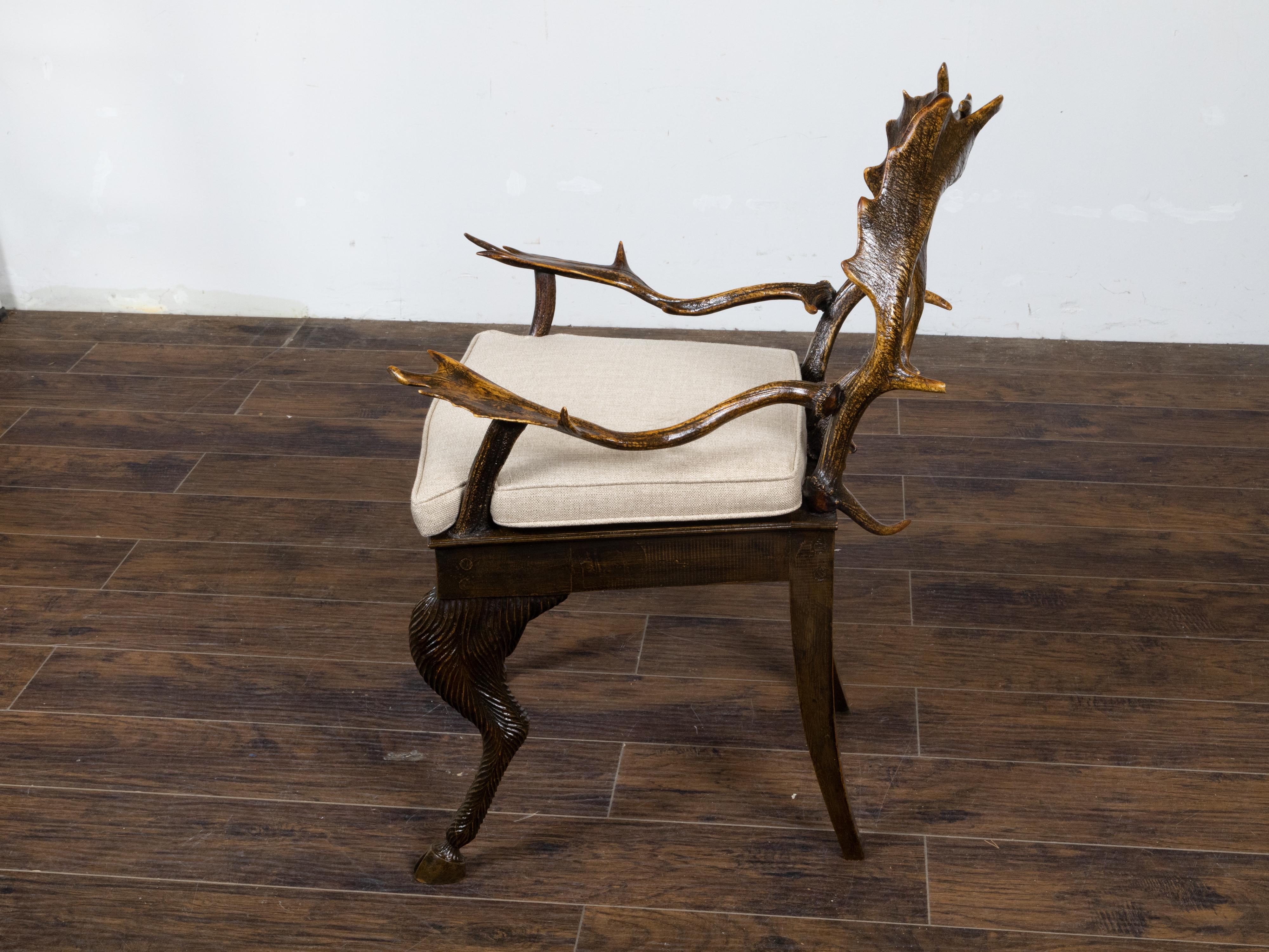 Wood Rustic French 1880s  Armchair with Antler Back and Arms, Cushion For Sale